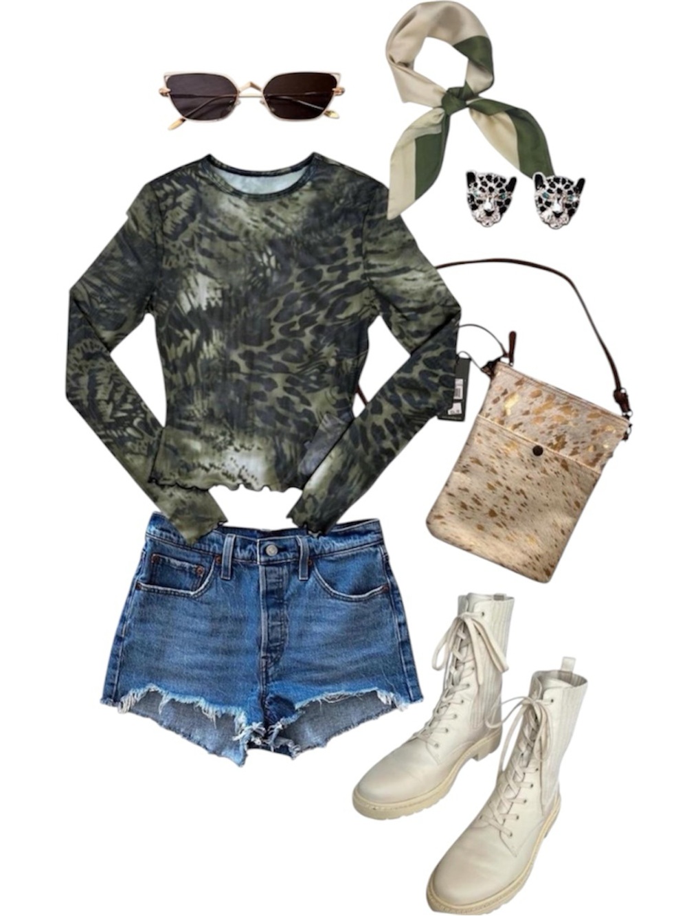 Long Sleeve Top Green Abstract Camo Y2K Sheer Fitted Women’s XS
